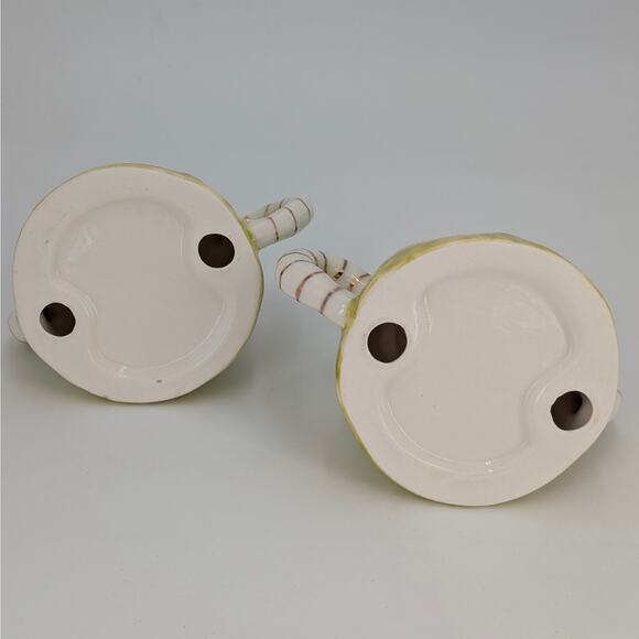 Artisan Stoneware Taper Candle Holders Dual Handles Whimsical Teal Lime Gold Set - Picture 7 of 12